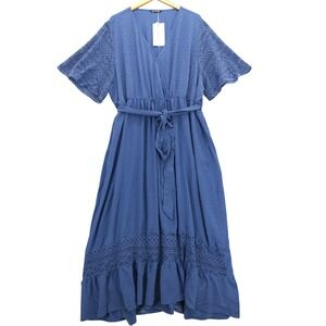 Bloomchic Midi Dress Womens 26 Blue Swiss Dot Crochet Lace Flutter Sleeve